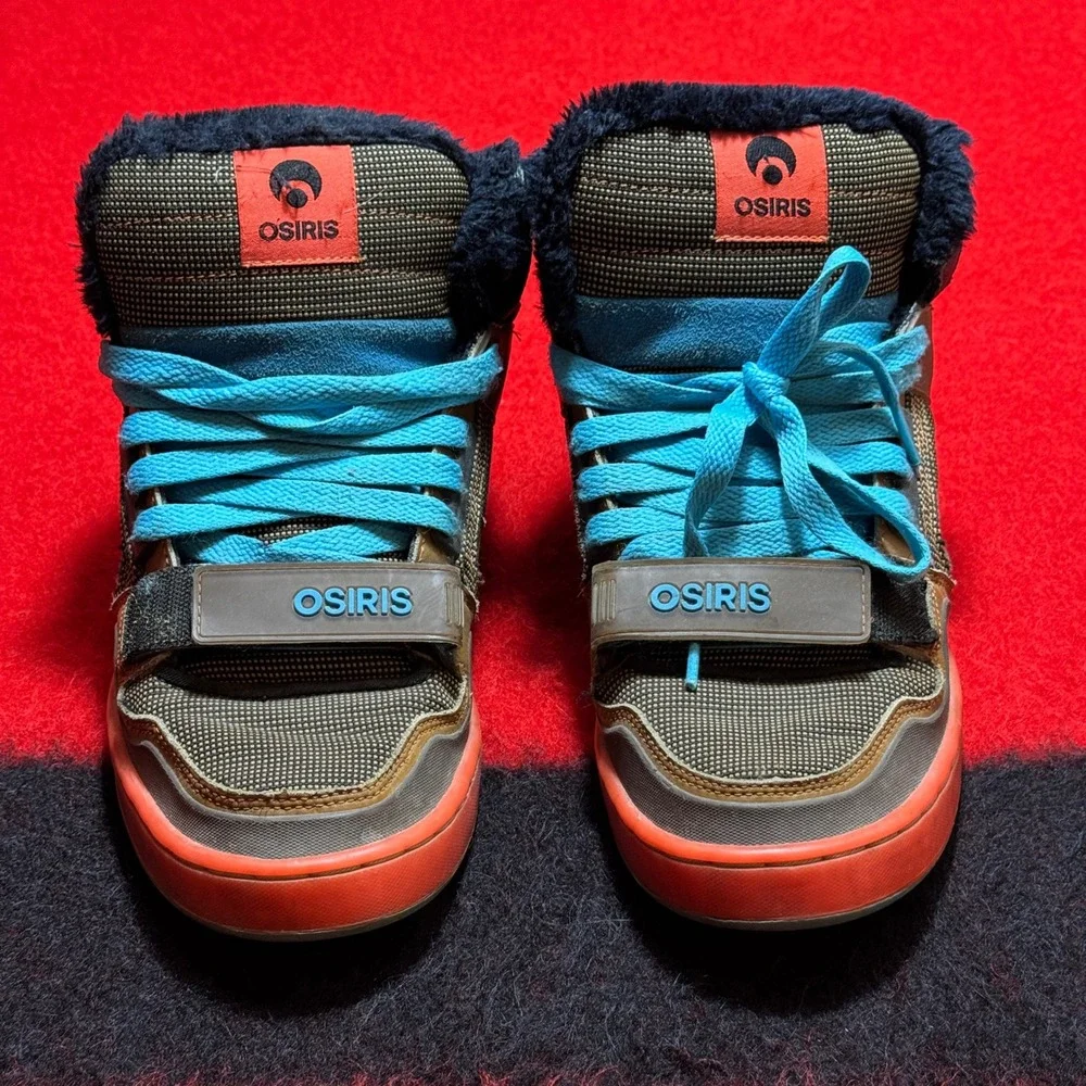 Osiris Tranzor Skate Shoes Mens 10 Brown Orange Blue Faux Fur High Top Sneakers - Picture 5 of 12